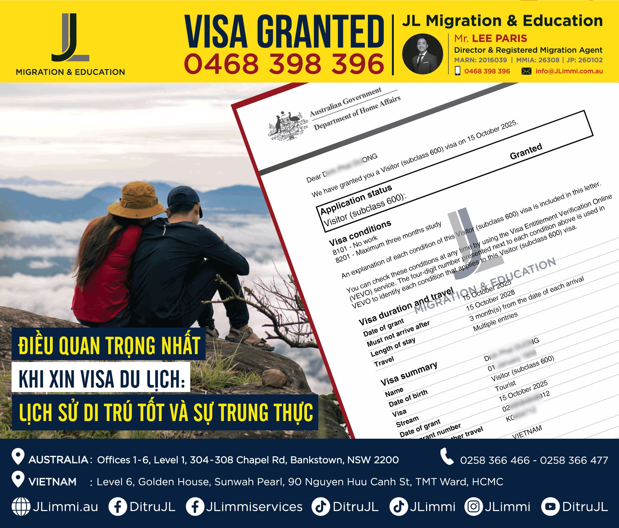 Điều quan trọng nhất khi xin visa du lịch: Lịch sử di trú tốt và sự trung thực.